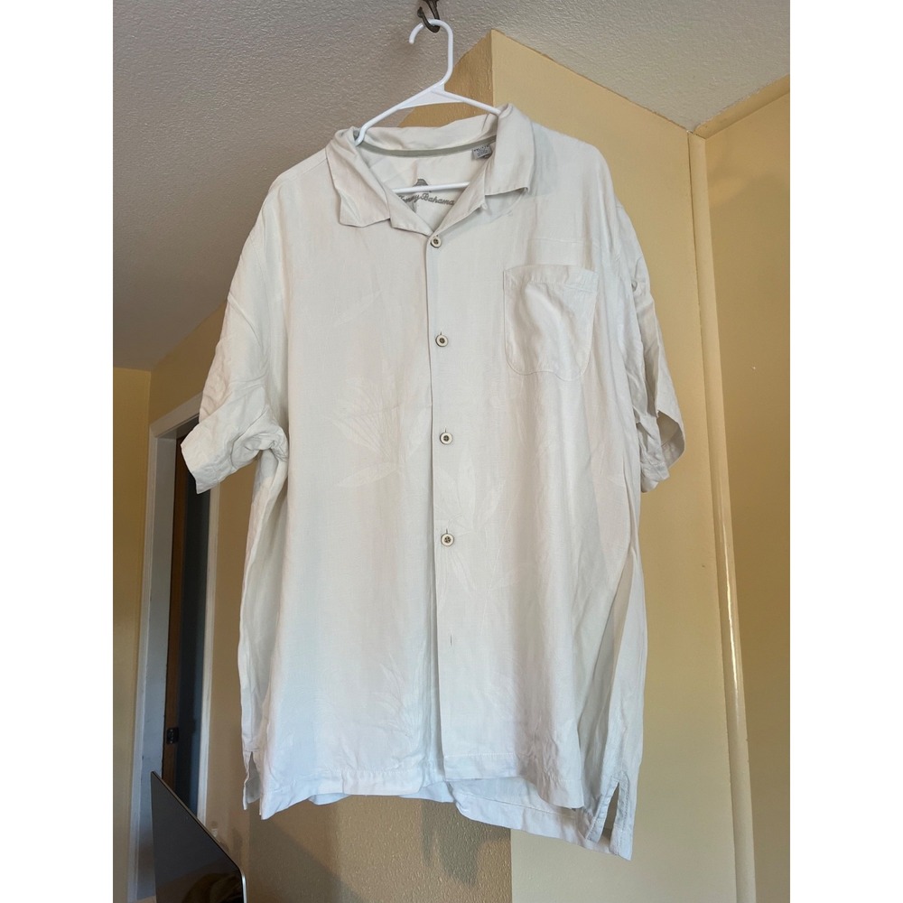 Tommy Bahama XXL 100% Ivory Silk Shirt Mens Floral Short Sleeve Button Up!